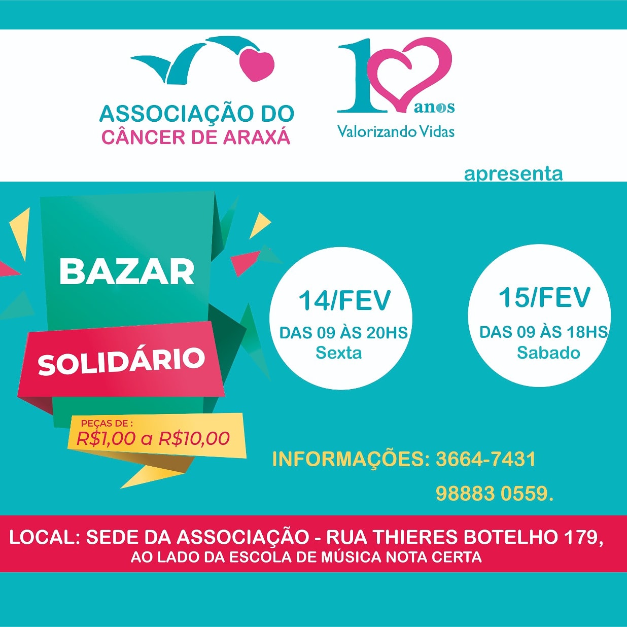 Associação do Câncer de Araxá  realiza bazar solidário nos dias 14 e 15 fevereiro.