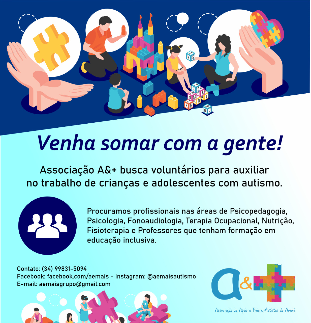 “Abrace nos” Associação A&+ busca voluntários para auxiliar no trabalho de crianças e adolescentes com autismo