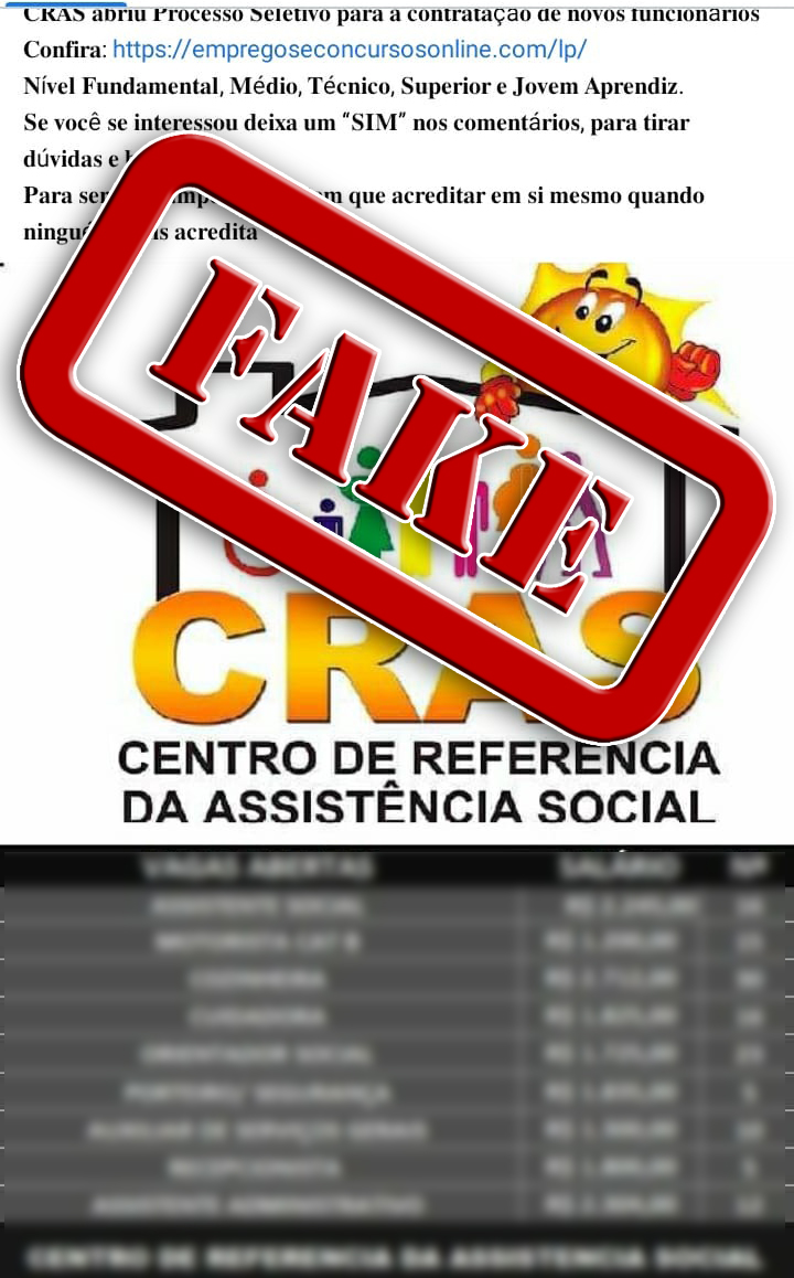 PREFEITURA DE ARAXÁ ALERTA FAKE NEWS: Processo seletivo para contratação de funcionários do Cras