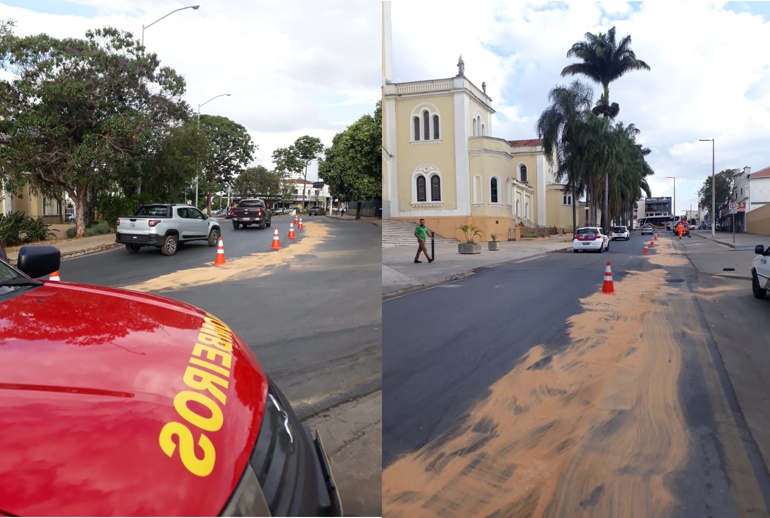 BOMBEIROS DE ARAXÁ ELIMINAM RISCO DE DERRAPAGEM NO CENTRO DA CIDADE