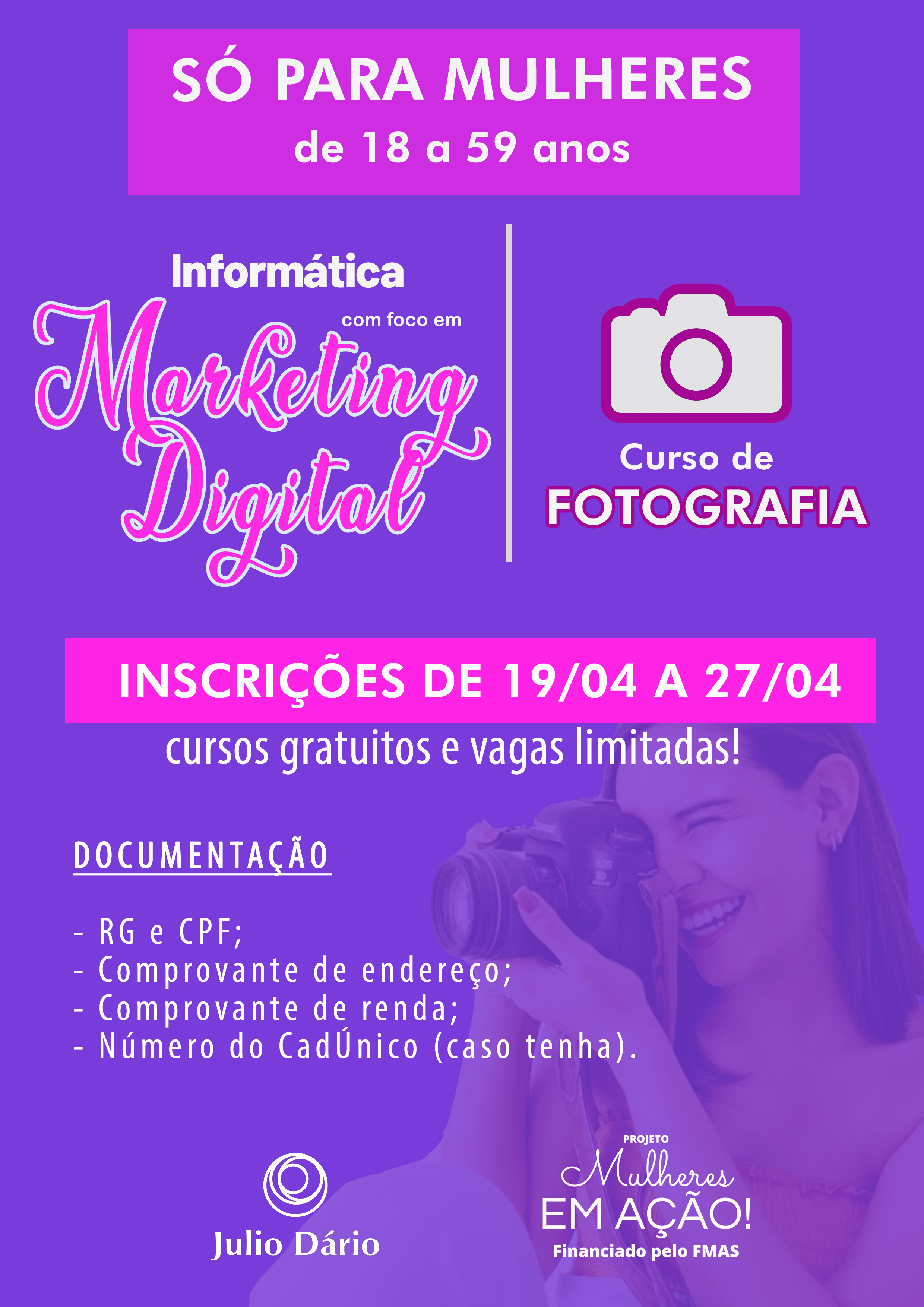 CENTRO JULIO DÁRIO ABRE INSCRIÇÕES PARA OS CURSOS DE FOTOGRAFIA E INFORMÁTICA VOLTADA PARA MARKETING DIGITAL