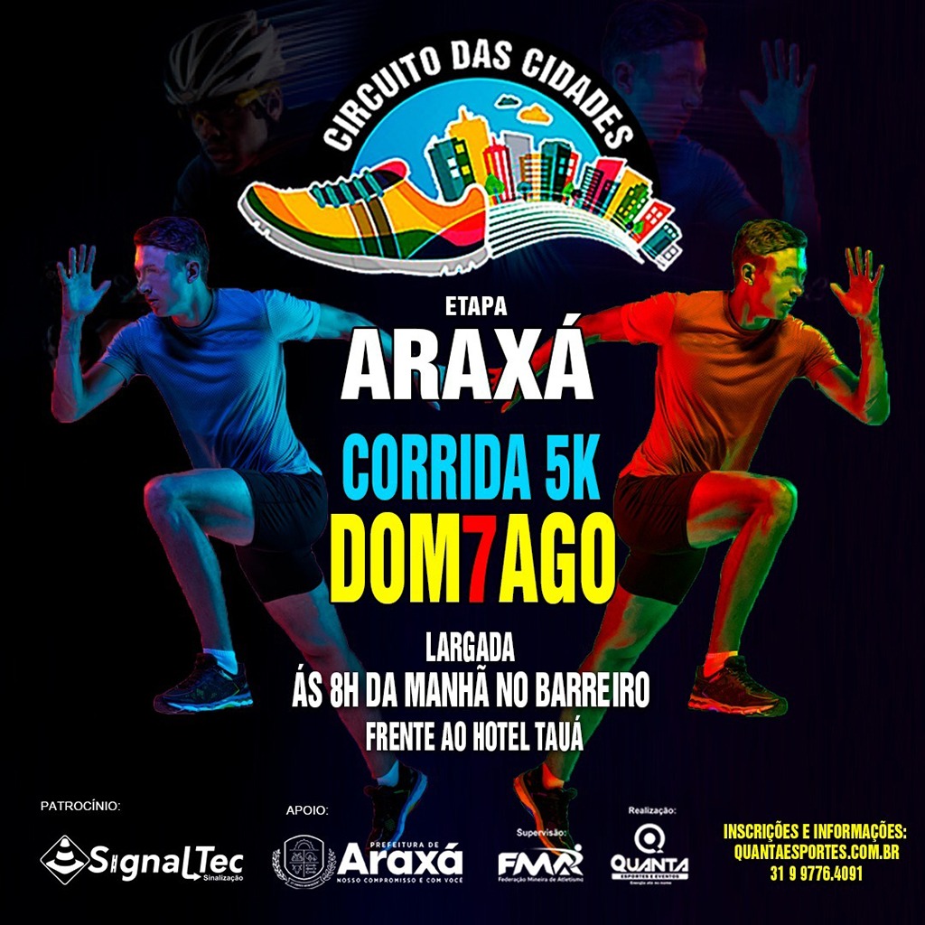 Circuito das Cidades de corrida e caminhada; inscrições estão abertas em Araxá; provas dia 7 agosto.