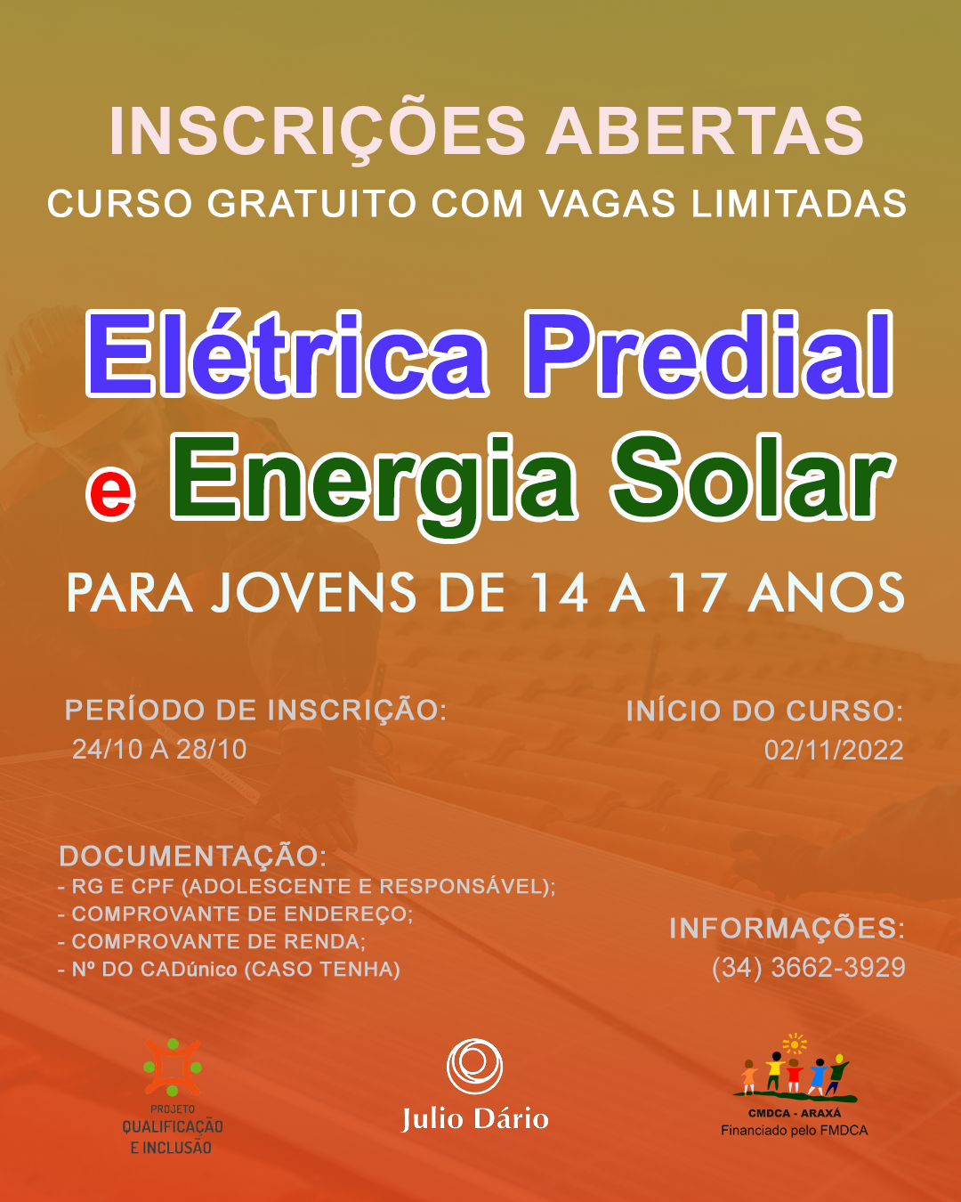 Abertas inscrições para Curso Elétrica Predial e Energia Solar no Centro Júlio Dário