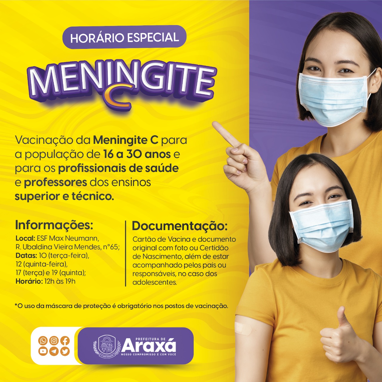 Vacinação de Meningite C para o público de 16 a 30 anos com horário especial em Araxá.