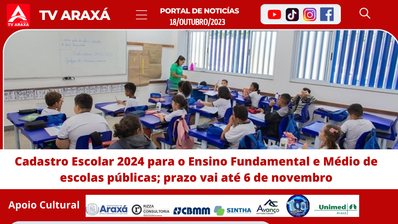 Cadastro Escolar 2024 para o Ensino Fundamental e Médio de escolas públicas; prazo vai até 6 de novembro