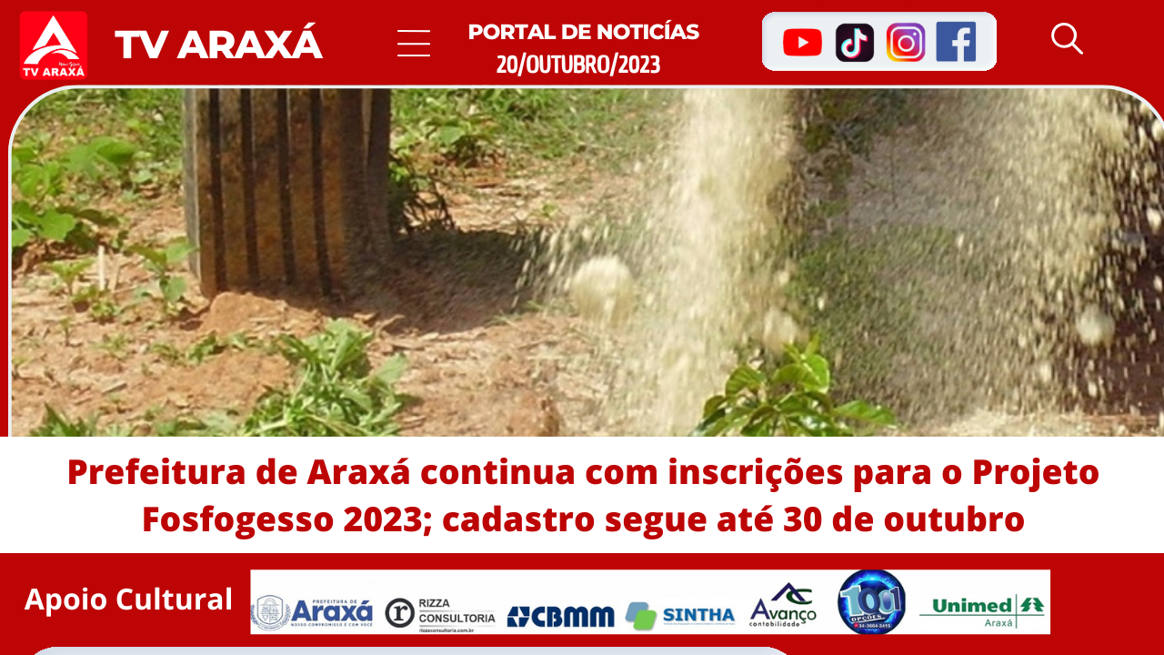 Prefeitura de Araxá continua com inscrições para o Projeto Fosfogesso 2023; cadastro segue até 30 de outubro