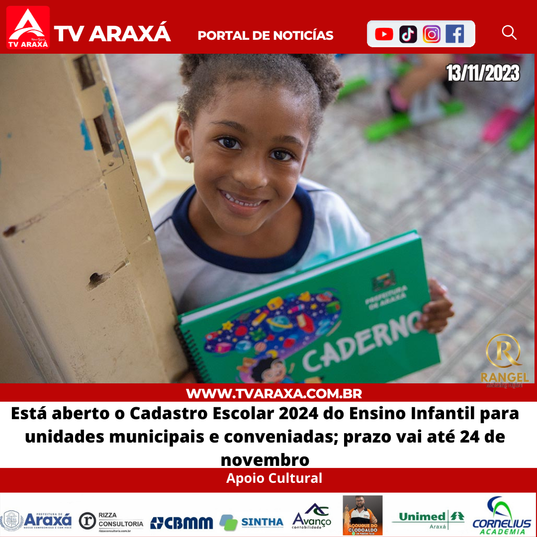 Está aberto o Cadastro Escolar 2024 do Ensino Infantil para unidades municipais e conveniadas; prazo vai até 24 de novembro