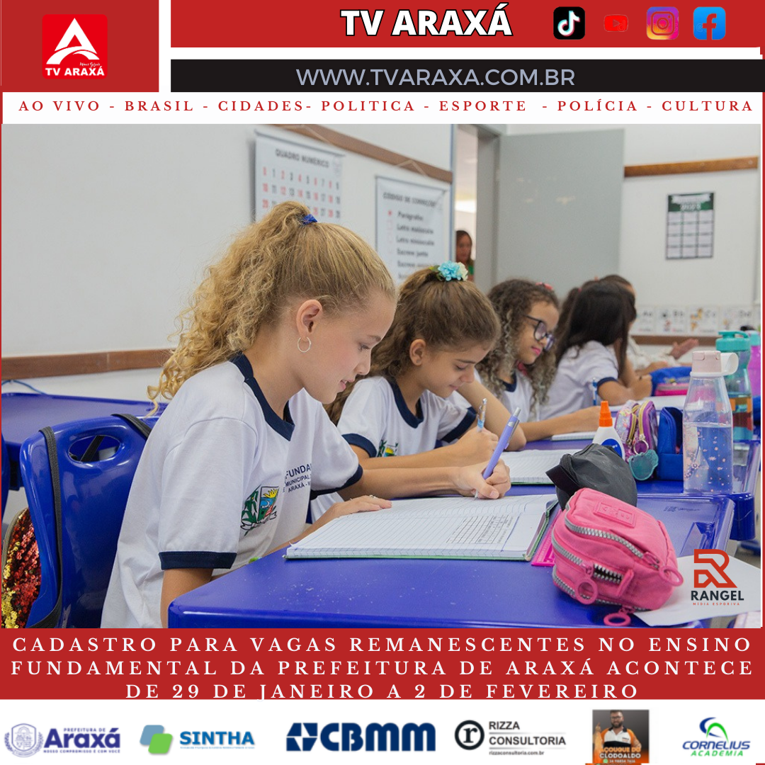 Cadastro para vagas remanescentes no Ensino Fundamental da Prefeitura de Araxá acontece de 29 de janeiro a 2 de fevereiro