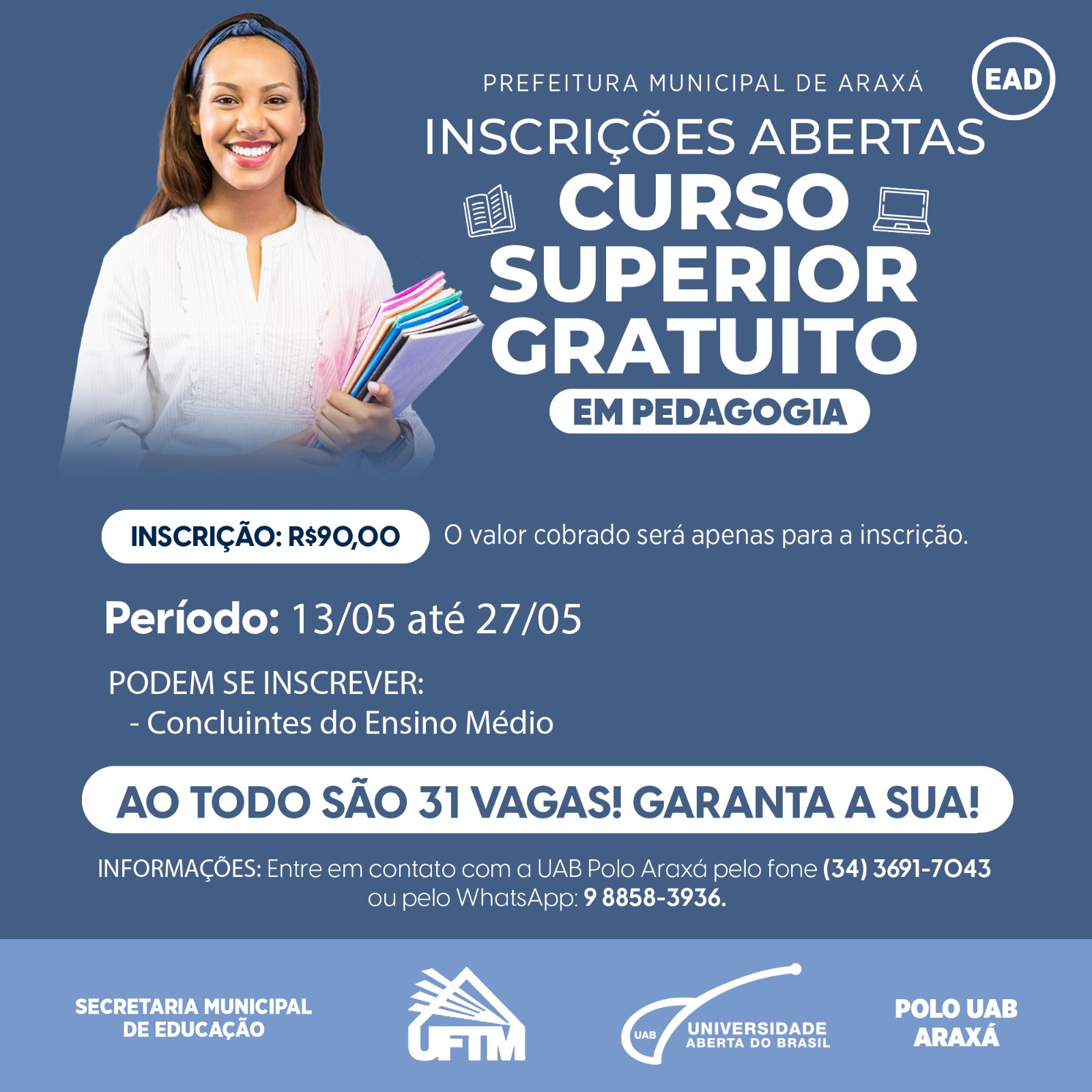 Polo UAB Araxá oferta vagas para curso superior em Pedagogia