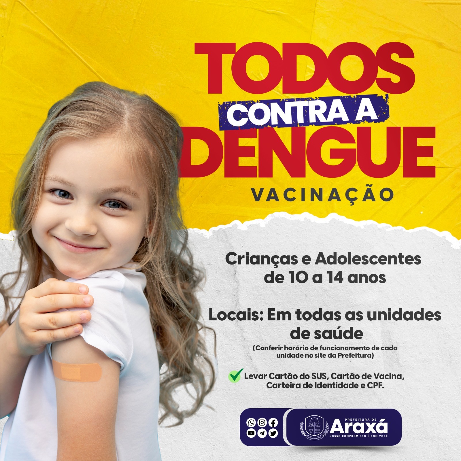 Prefeitura de Araxá inicia vacinação contra Dengue para crianças e adolescentes de 10 a 14 anos