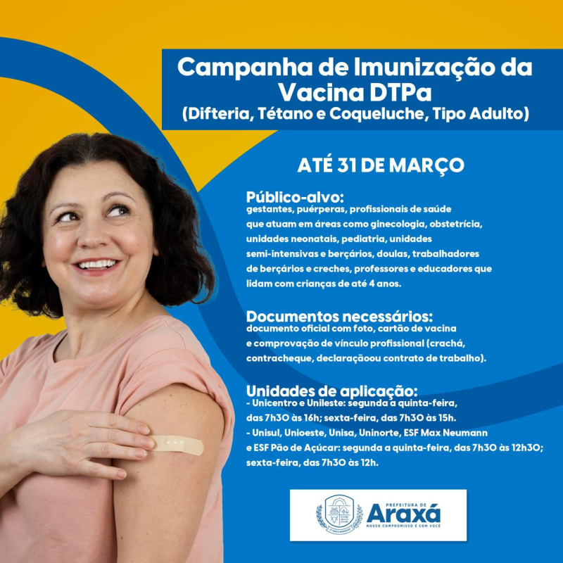 Araxá intensifica vacinação contra DTPa para grupos prioritários