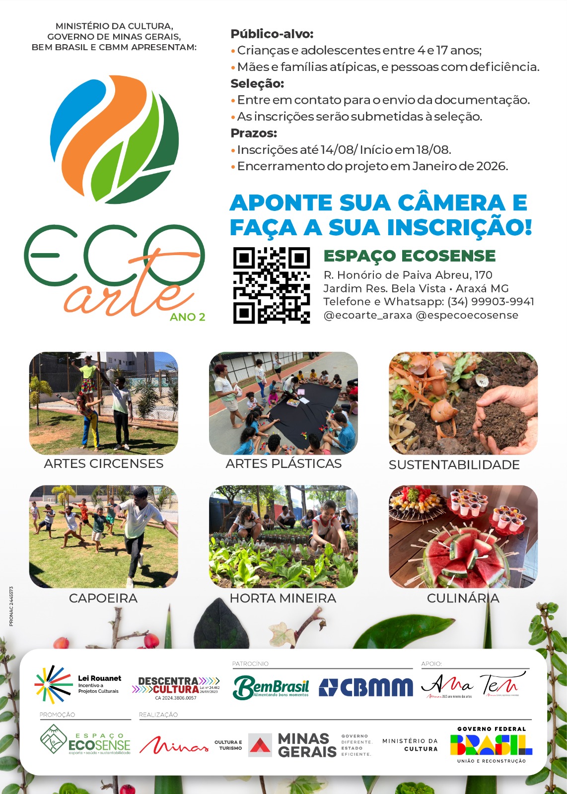 Projeto ECOARTE II abre inscrições para oficinas gratuitas em Araxá; até 14 de Agosto