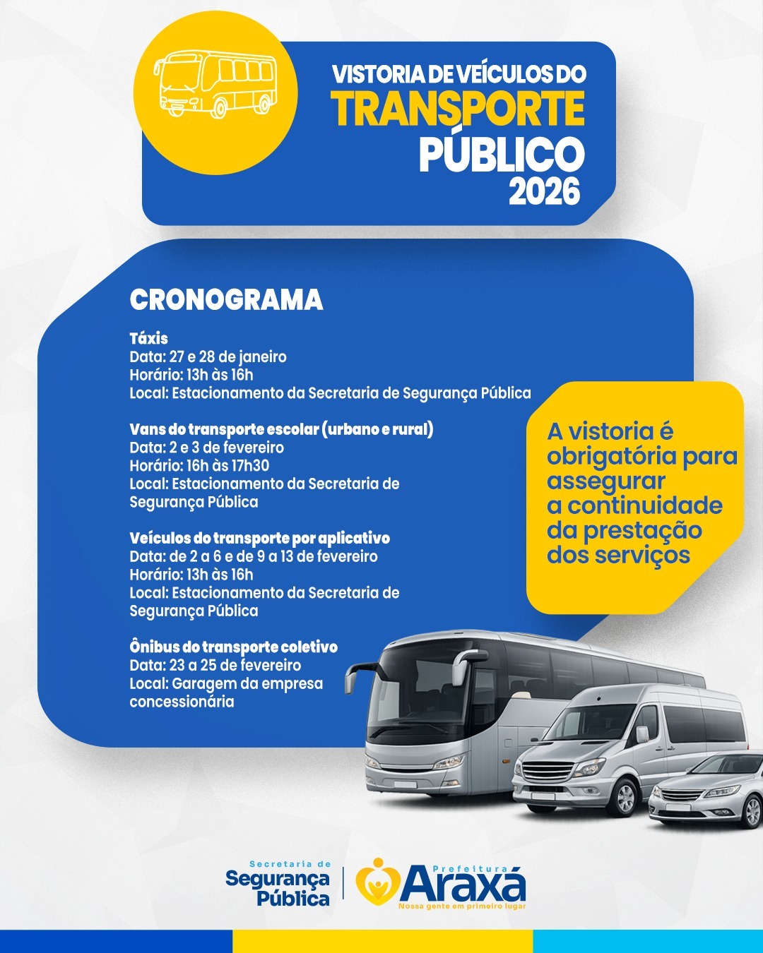 Segurança Pública divulga cronograma de vistorias dos veículos do transporte público de passageiros em Araxá