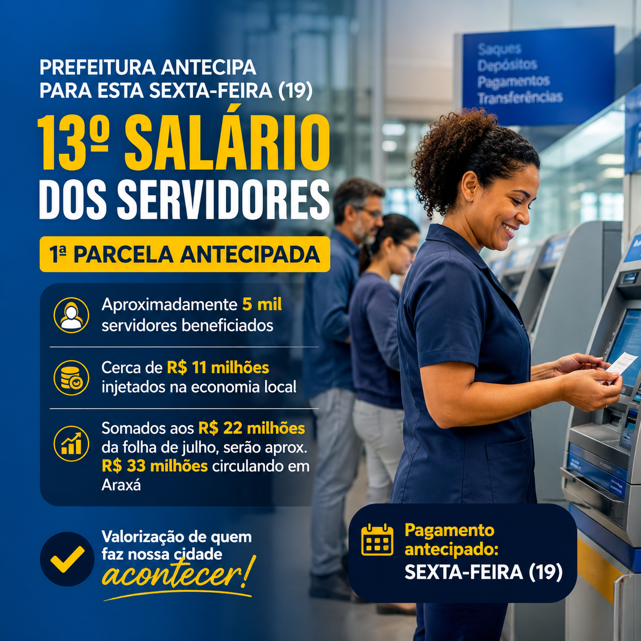 Prefeitura de Araxá antecipa primeira parcela do 13º salário dos servidores municipais