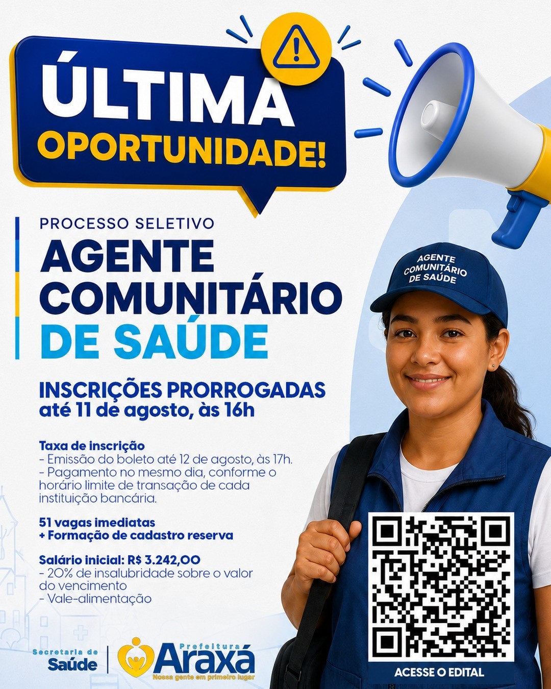 Última oportunidade! Inscrições para Agente Comunitário de Saúde são prorrogadas em Araxá