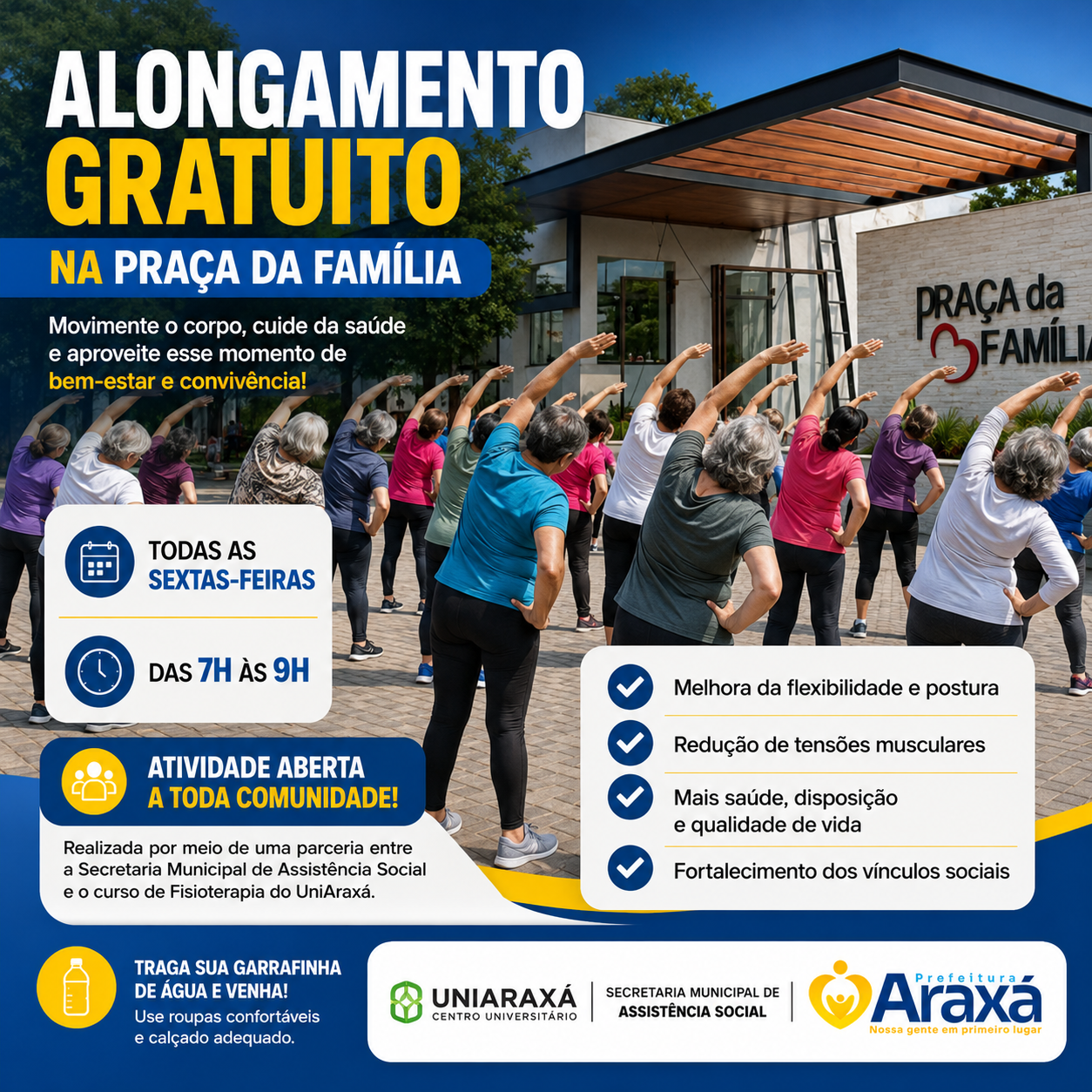 Praça da Família oferece aulas gratuitas de alongamento às sextas-feiras em Araxá