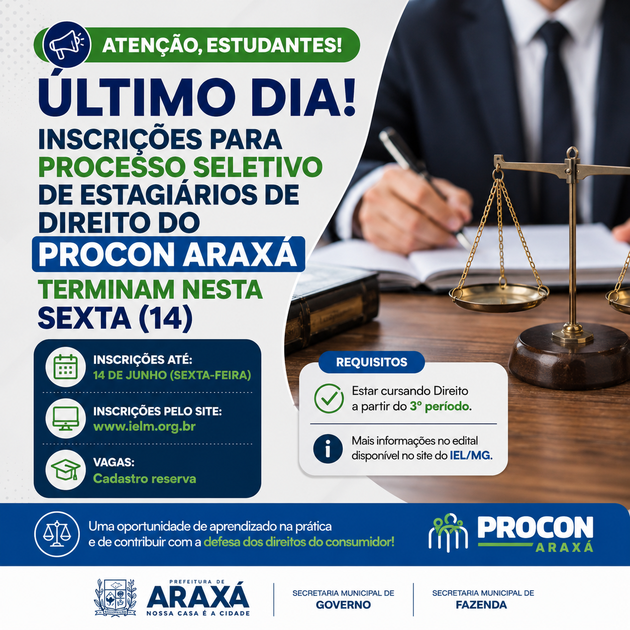 Inscrições para processo seletivo de estagiários de Direito do Procon Araxá terminam nesta sexta (14)