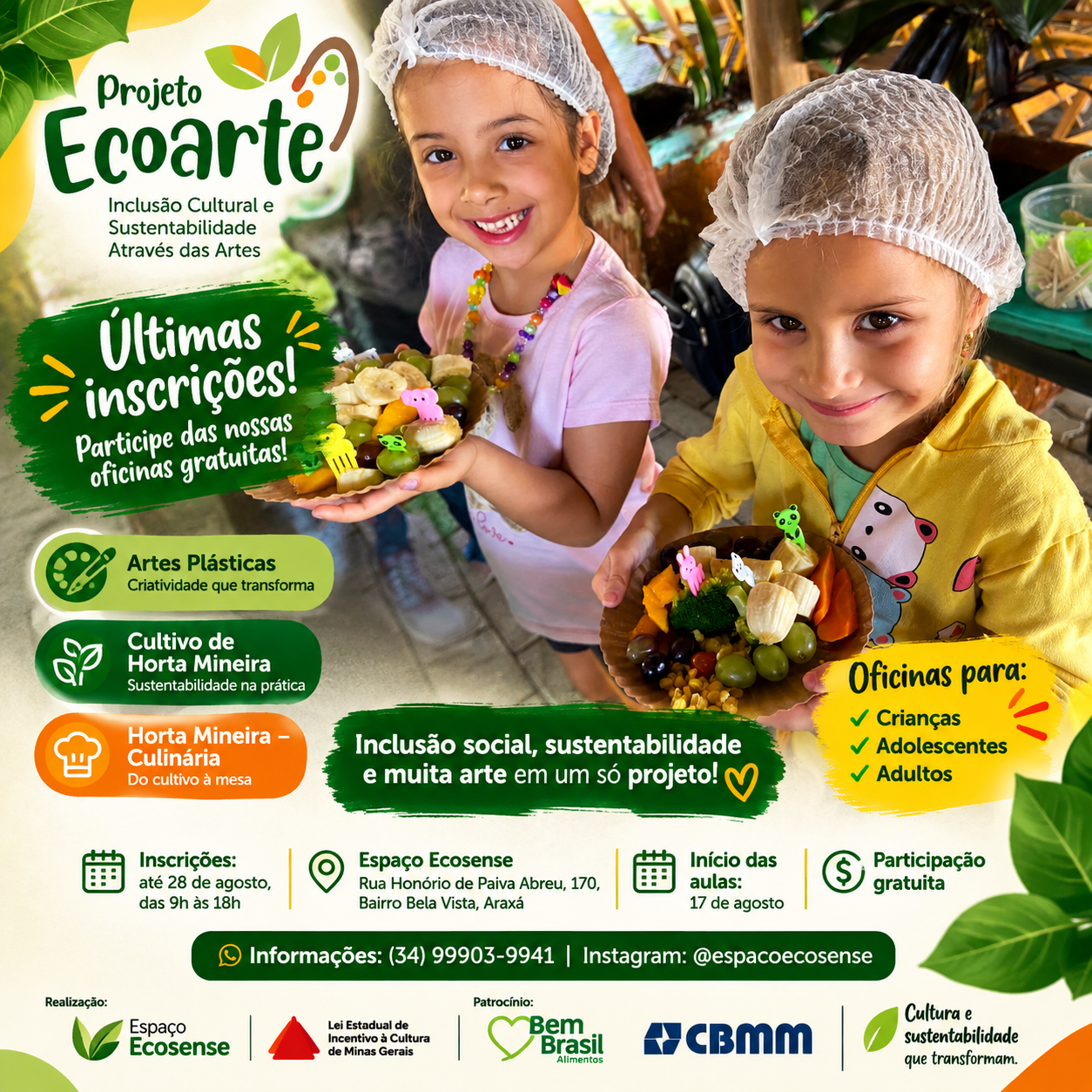 Ecoarte: últimas vagas para oficinas gratuitas de arte, sustentabilidade e culinária mineira em Araxá