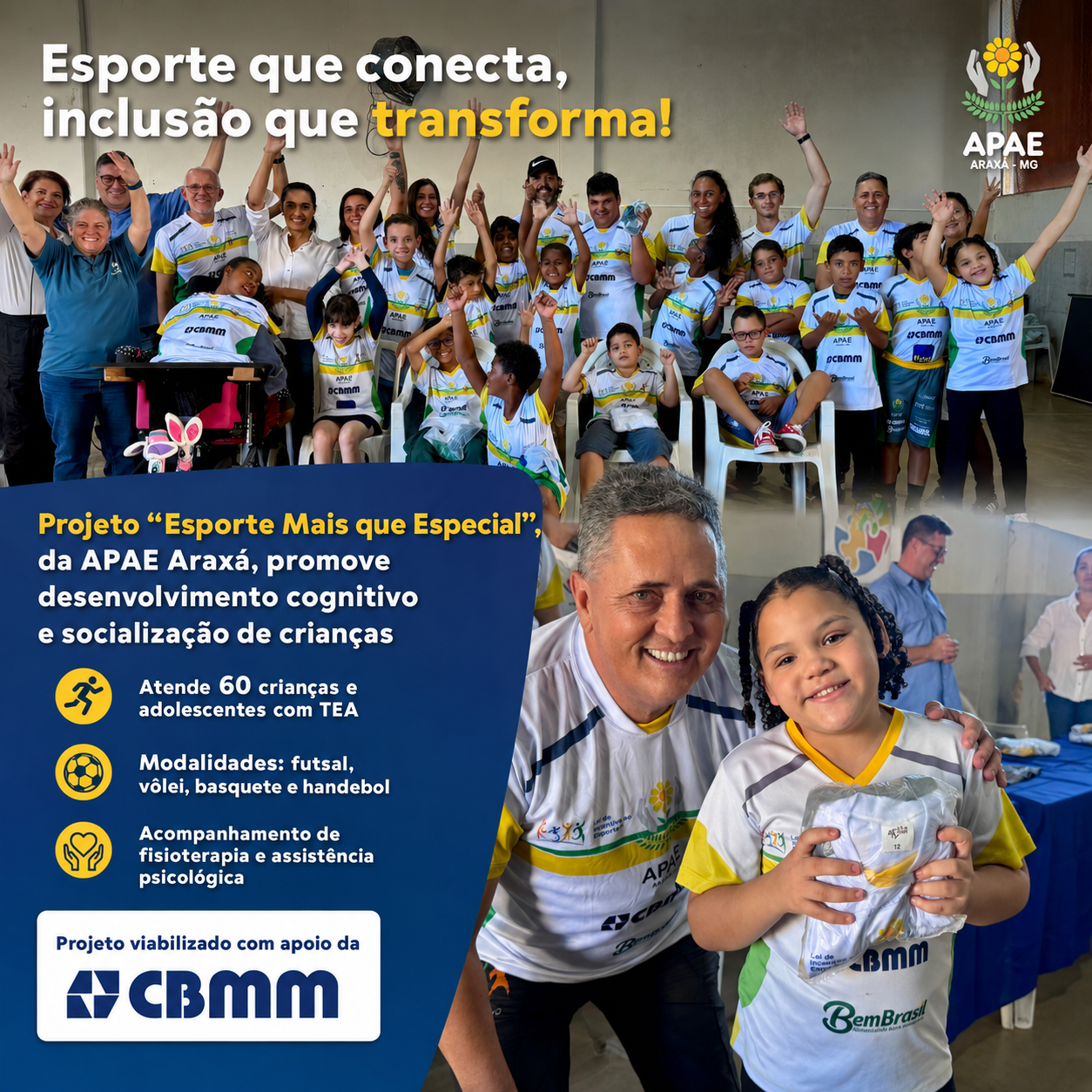 Projeto “Esporte Mais que Especial”, da APAE Araxá, com apoio da CBMM, amplia inclusão e promove desenvolvimento cognitivo, socialização e autonomia de crianças e adolescentes