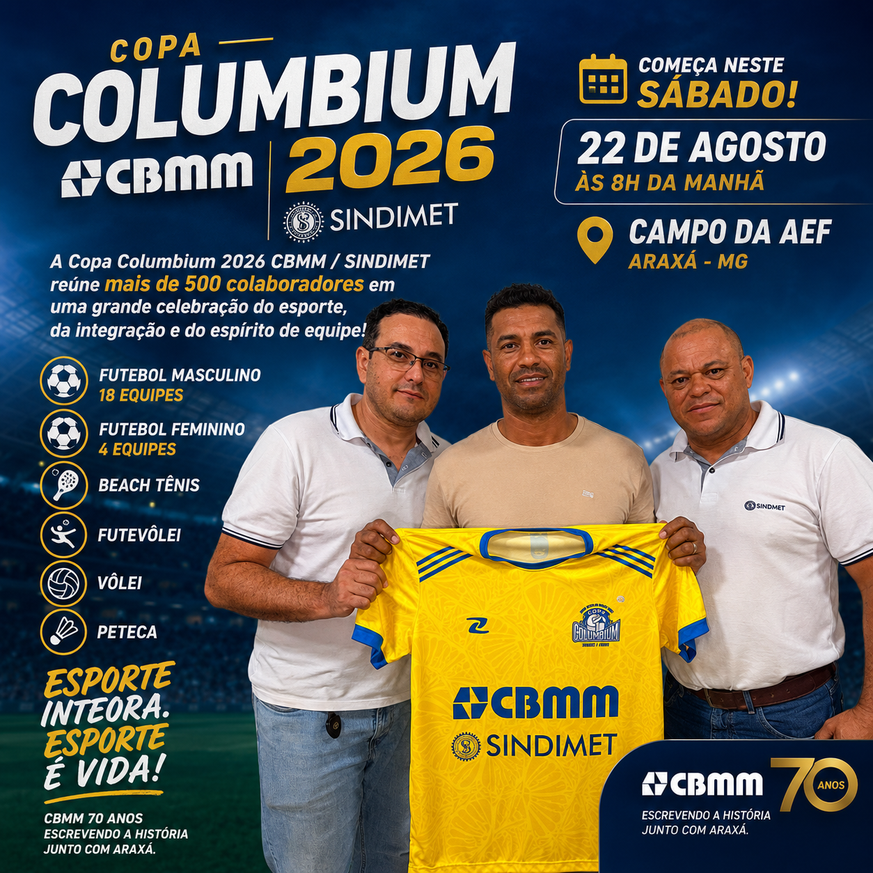 ESPORTE, INTEGRAÇÃO E EMOÇÃO: COMEÇA NESTE SÁBADO A COPA COLUMBIUM 2026 CBMM / SINDIMET!