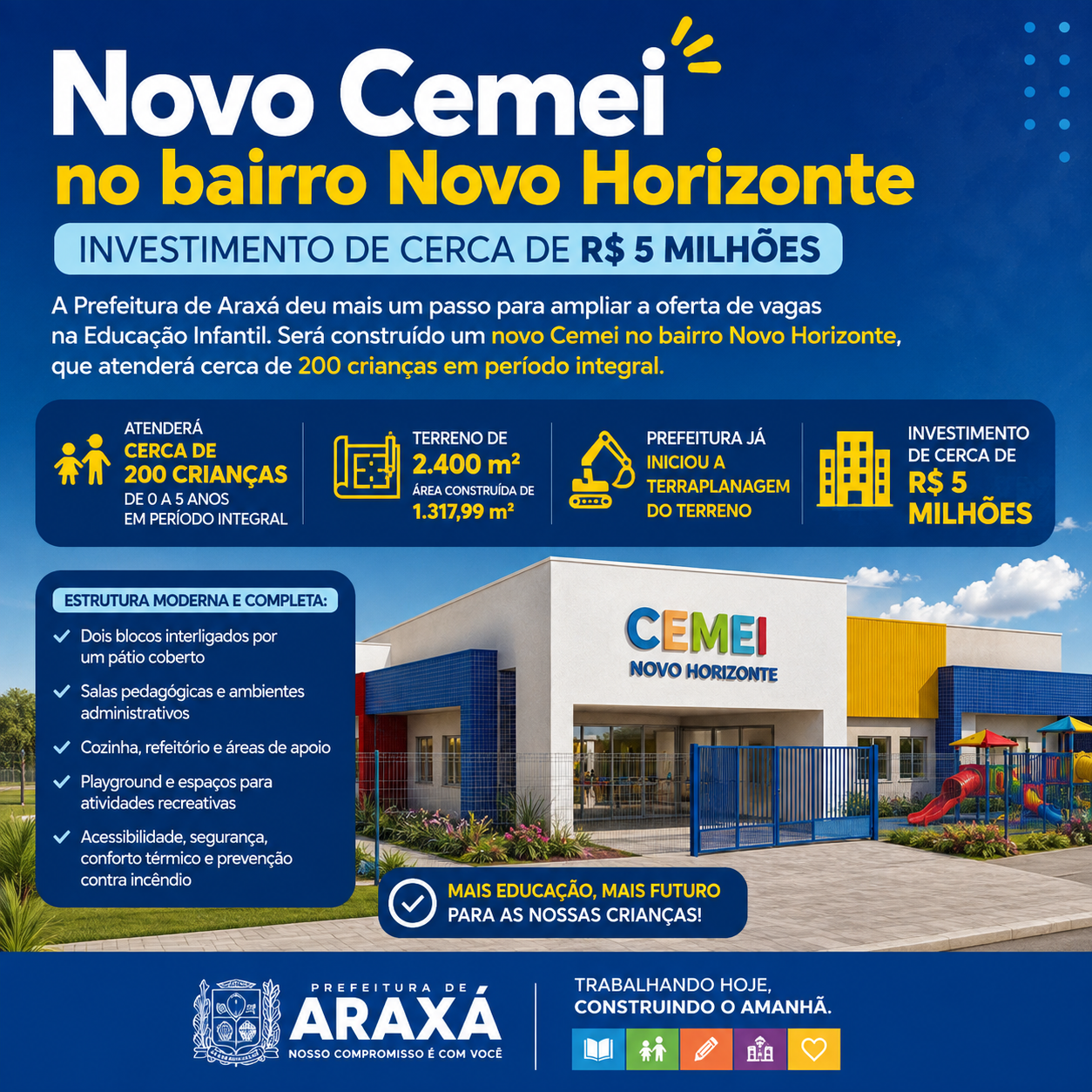 NOVO CEMEI NO BAIRRO NOVO HORIZONTE: Investimento de cerca de R$ 5 milhões vai ampliar a Educação Infantil em Araxá