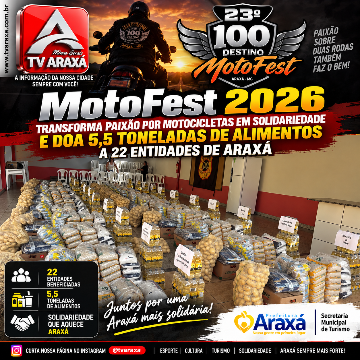 MotoFest 2026 transforma paixão por motocicletas em solidariedade e doa 5,5 toneladas de alimentos a 22 entidades de Araxá