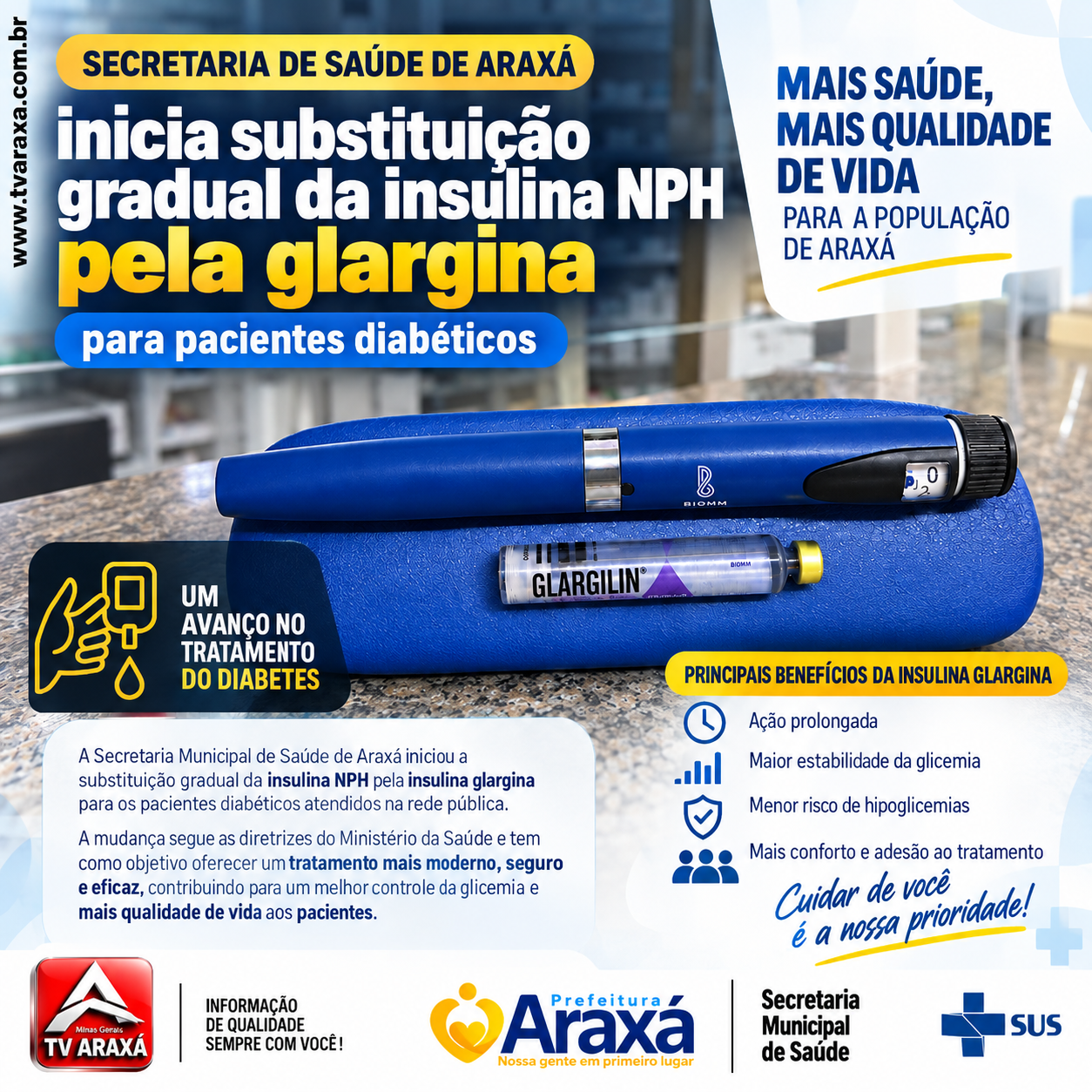 Secretaria de Saúde de Araxá inicia substituição gradual da insulina NPH pela glargina para pacientes diabéticos