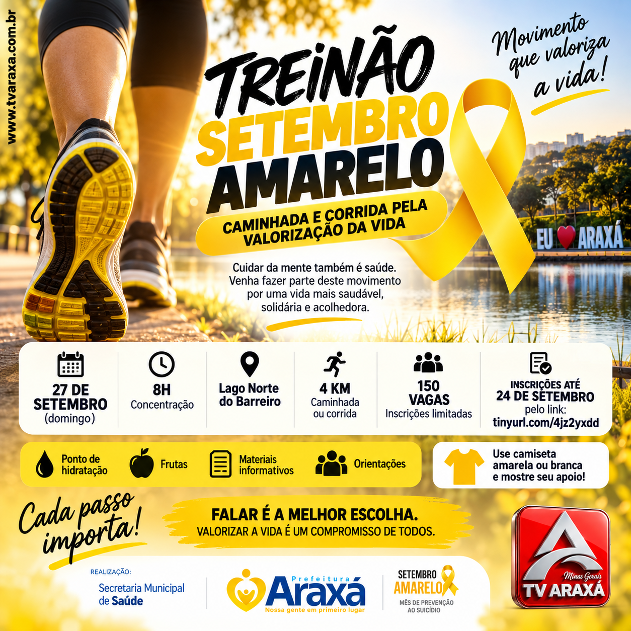 Treinão Setembro Amarelo convida Araxá a caminhar e correr pela valorização da vida