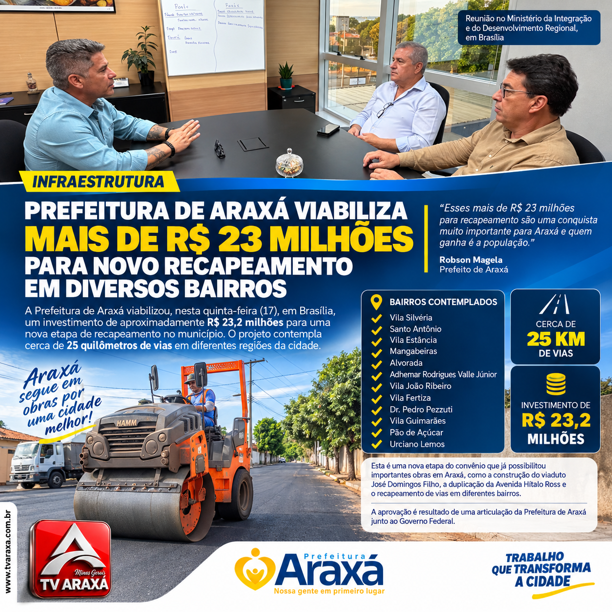 Prefeitura de Araxá viabiliza mais de R$ 23 milhões para novo recapeamento em 12 bairros