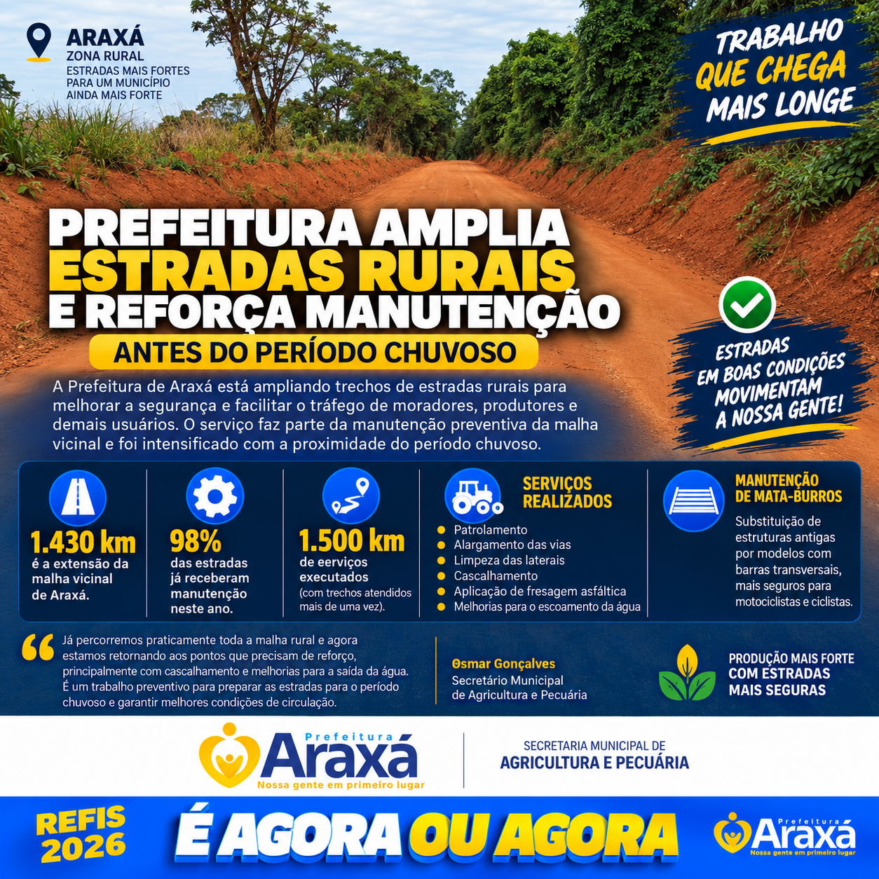 Prefeitura de Araxá amplia estradas rurais e reforça manutenção antes do período chuvoso