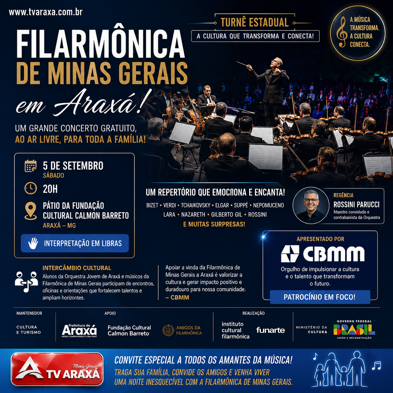 Filarmônica de Minas Gerais leva concerto gratuito e ao ar livre a Araxá