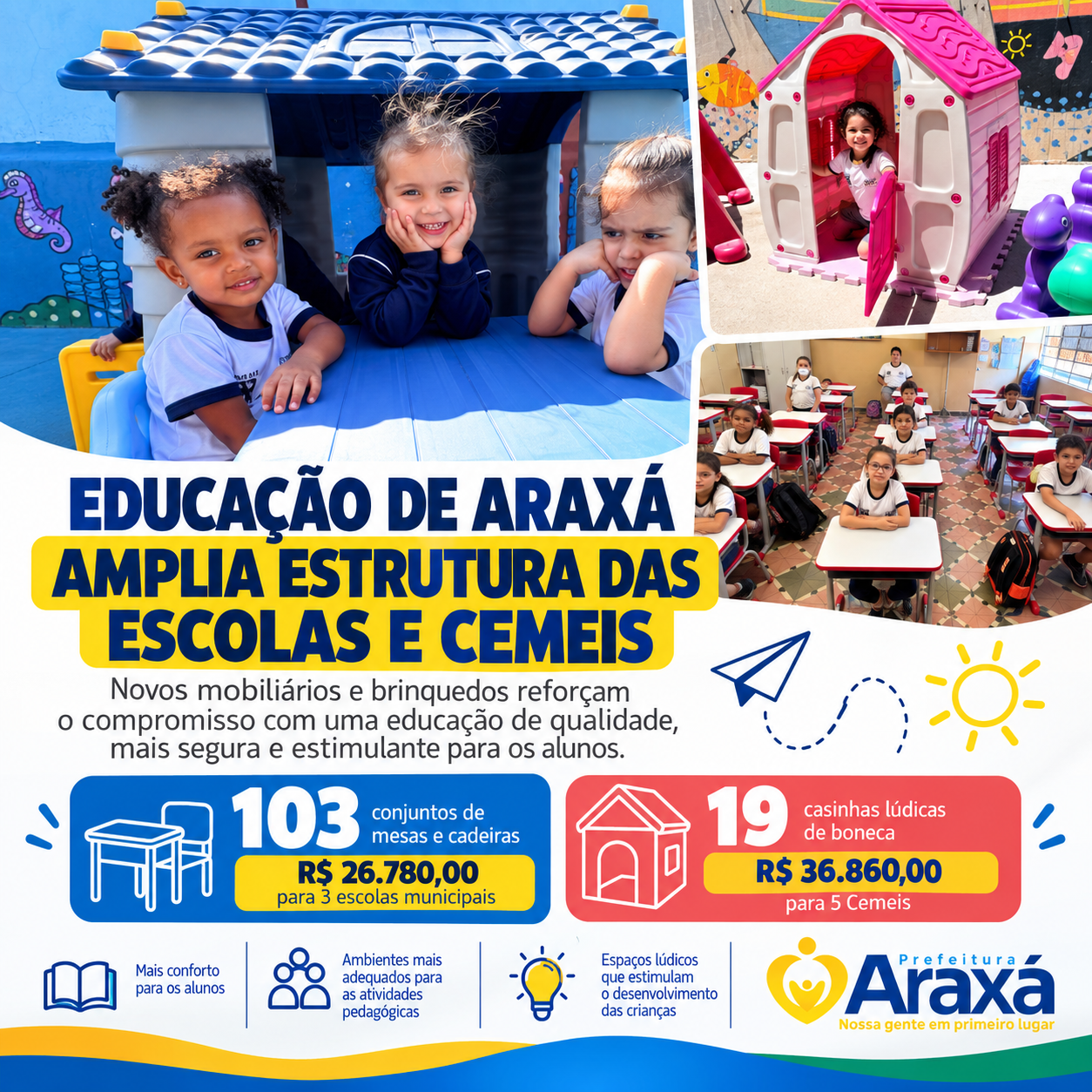 Educação de Araxá amplia estrutura de escolas e Cemeis com novos mobiliários e brinquedos