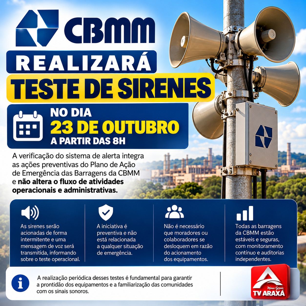 CBMM realizará teste de sirenes no dia 23 de outubro